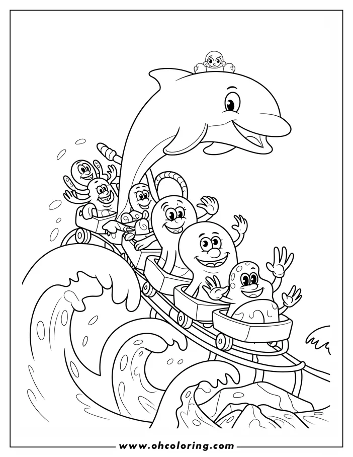 Line art of a dolphin leading a rollercoaster down a wave. An octopus, starfish, and blob ride in the car, while a seal sits on the dolphin.