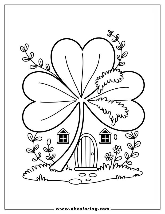 Line art depicting a charming house nestled beneath a giant shamrock for St. Patrick's Day. The house has a rounded wooden door, two windows, and is surrounded by flowers and foliage, creating a whimsical coloring page design.