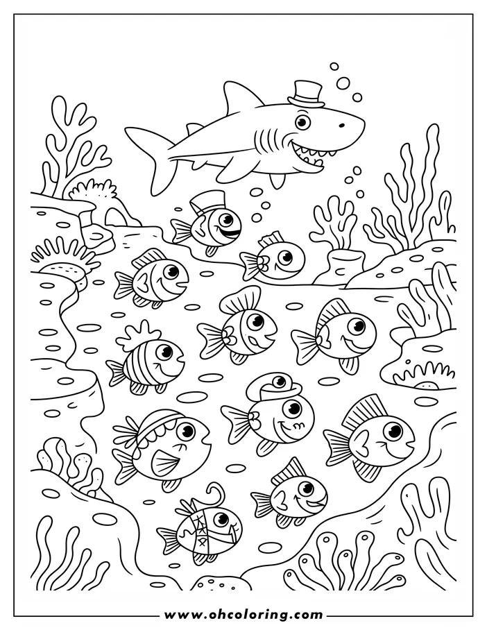 Cartoon shark with a top hat swimming above a school of smaller fish underwater, surrounded by coral and seaweed.