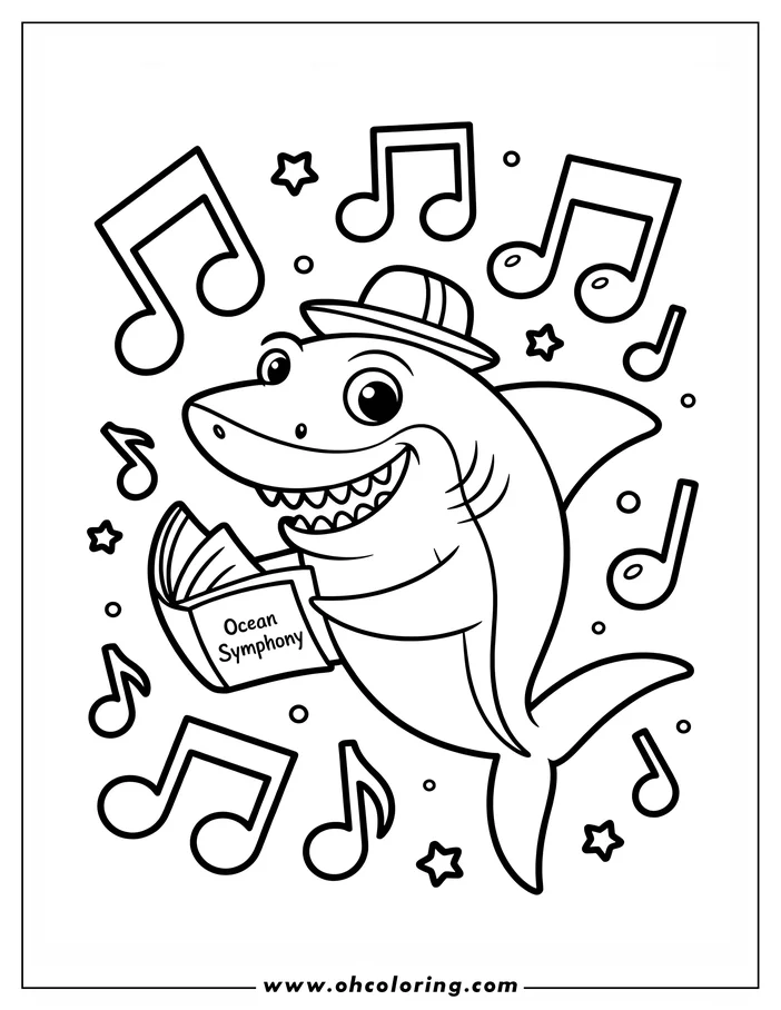 Cartoon shark wearing a conductor's hat and holding an open book of music titled "Ocean Symphony." Musical notes and stars surround the shark.