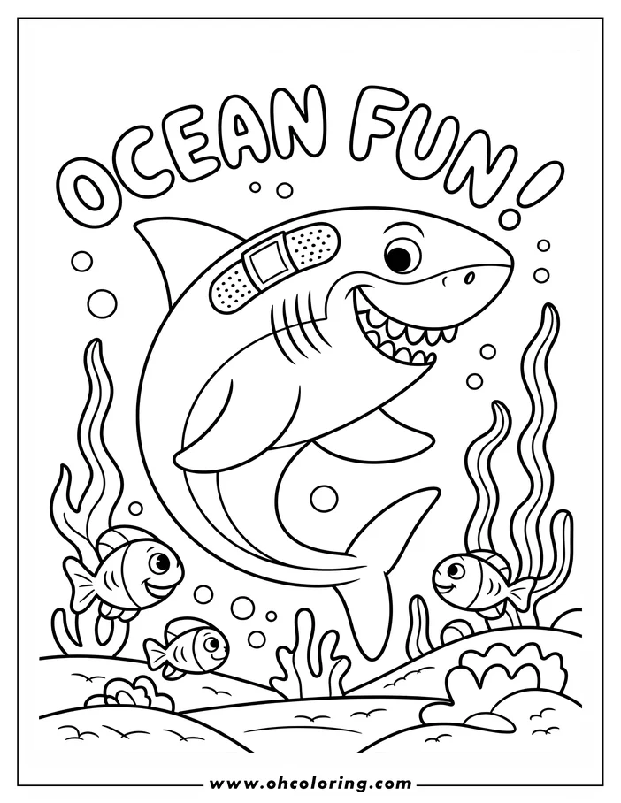 Outline of a cartoon shark with a bandage on its head, swimming above two small fish and seaweed in the ocean.