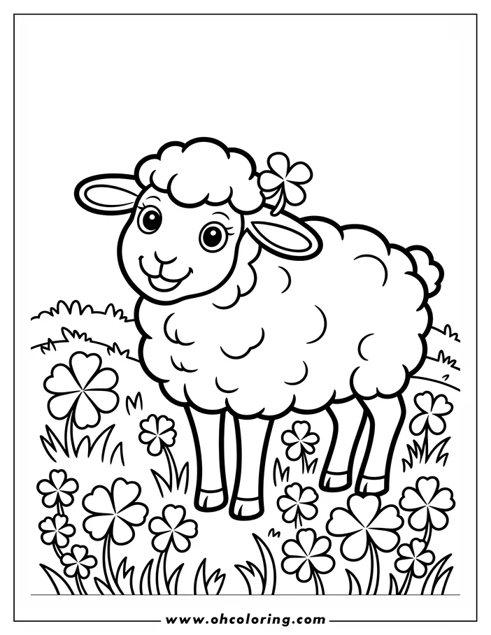 Line art of a cartoon sheep surrounded by shamrocks. The sheep is smiling and has a shamrock tucked behind its ear. This cheerful drawing is a coloring sheet design, perfect for St. Patrick's Day.