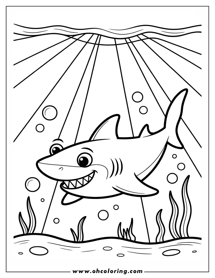 Line art of a cartoon shark smiling underwater, with bubbles and seaweed around it. Light from the surface creates rays down through the water.
