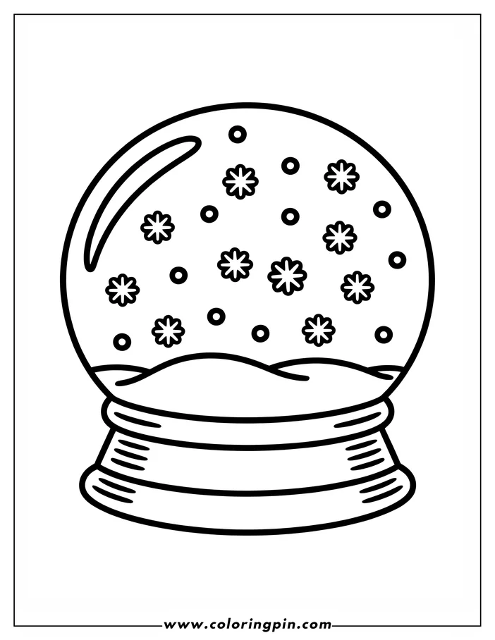Outline of a snow globe with snowflakes and circles inside. The globe is placed on a tiered stand.