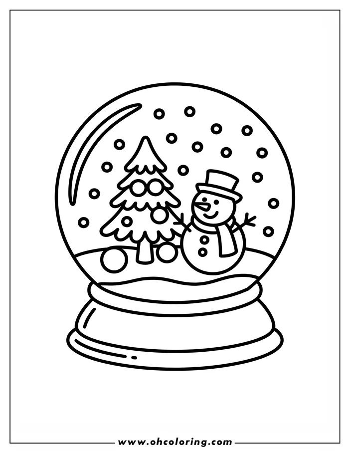 Line art of a snow globe coloring page, featuring a snowman with a top hat and scarf next to a decorated Christmas tree. Snowflakes fall inside the globe.