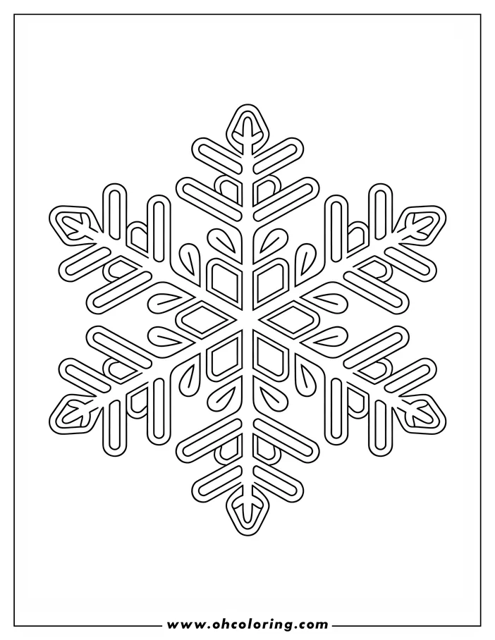 Intricate line art of a six-pointed snowflake with detailed, symmetrical branches and a hexagonal center, designed as a coloring sheet. Perfect for winter-themed coloring activities.