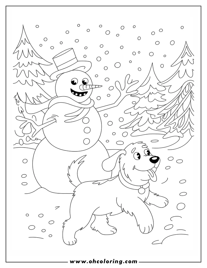Line art of a snowman and a dog in a snowy landscape. The snowman wears a top hat and scarf, and the dog has a collar and tag.  Snowflakes fall around them, and evergreen trees are in the background. This is a drawing for coloring.