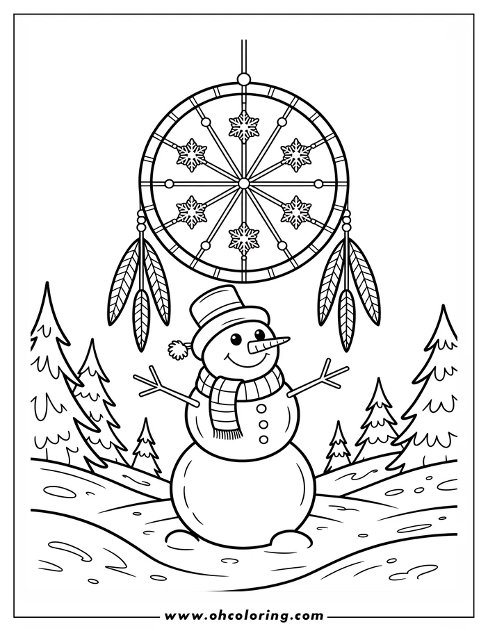 Line art of a snowman with a top hat and scarf, standing beneath a dream catcher decorated with snowflakes. The setting includes a snowy ground and evergreen trees in the background. This is a design for a coloring sheet.