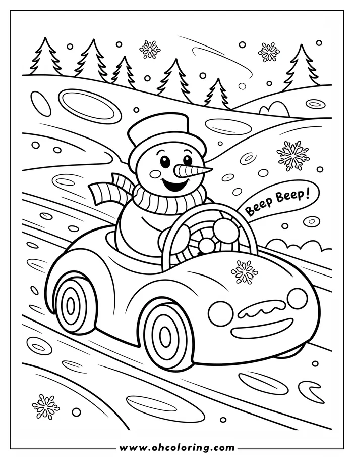 Line art of a snowman driving a car through a snowy landscape, with snowflakes falling and trees lining the road. The snowman wears a striped scarf and happily steers the car. Coloring sheet design ready for some color.