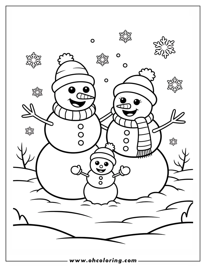 Line art of a snowman family in a snowy landscape. Two larger snowmen, wearing hats and scarves, stand behind a smaller snowman.  All three have traditional carrot noses and coal buttons. Snowflakes fall around them, and bare trees are visible in the background. This is a drawing for coloring.