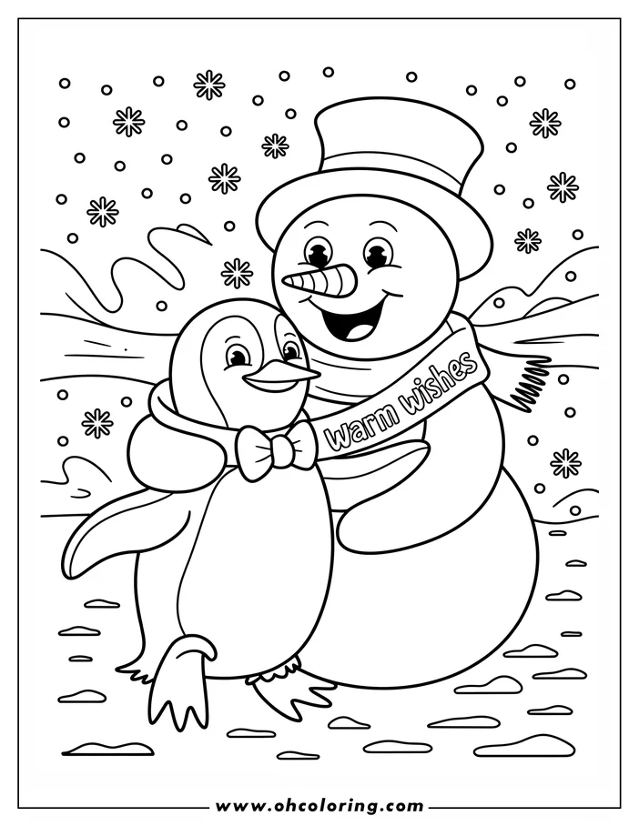 Line art of a snowman wearing a top hat and a 'Warm Wishes' scarf, hugging a penguin wearing a bow tie, in a snowy scene with falling snowflakes. This is a coloring sheet design suitable for winter holiday activities.