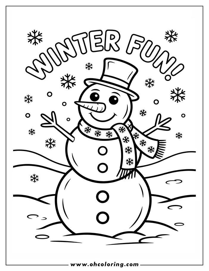 Simple line art of a snowman in a snowy winter scene. The snowman wears a top hat and a scarf with snowflakes, has a carrot nose, and stick arms. Snowflakes fall around him, and the ground is covered in snow. This drawing is designed as a coloring sheet.
