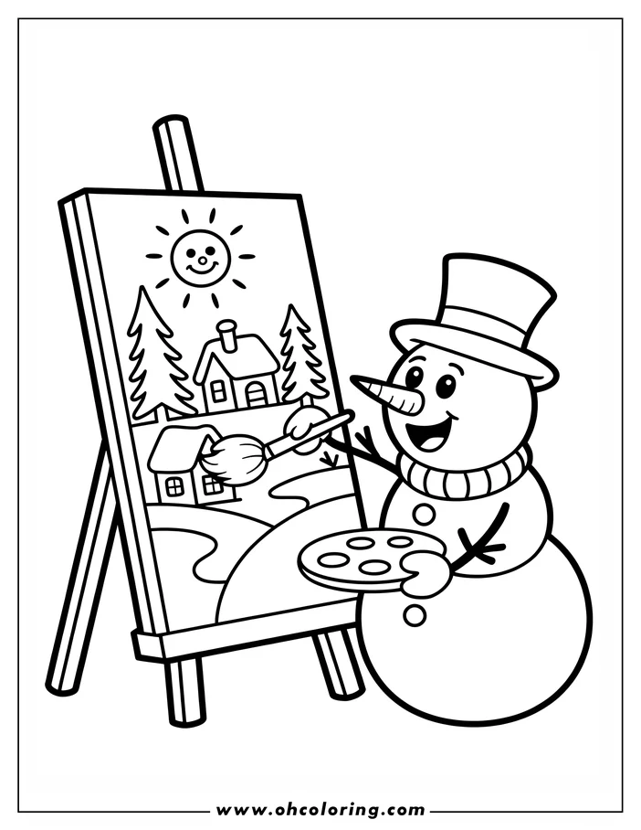 Line art of a snowman wearing a top hat and scarf, painting a winter landscape on an easel. He holds a paintbrush and palette, creating a festive winter scene. This coloring sheet design is perfect for kids.