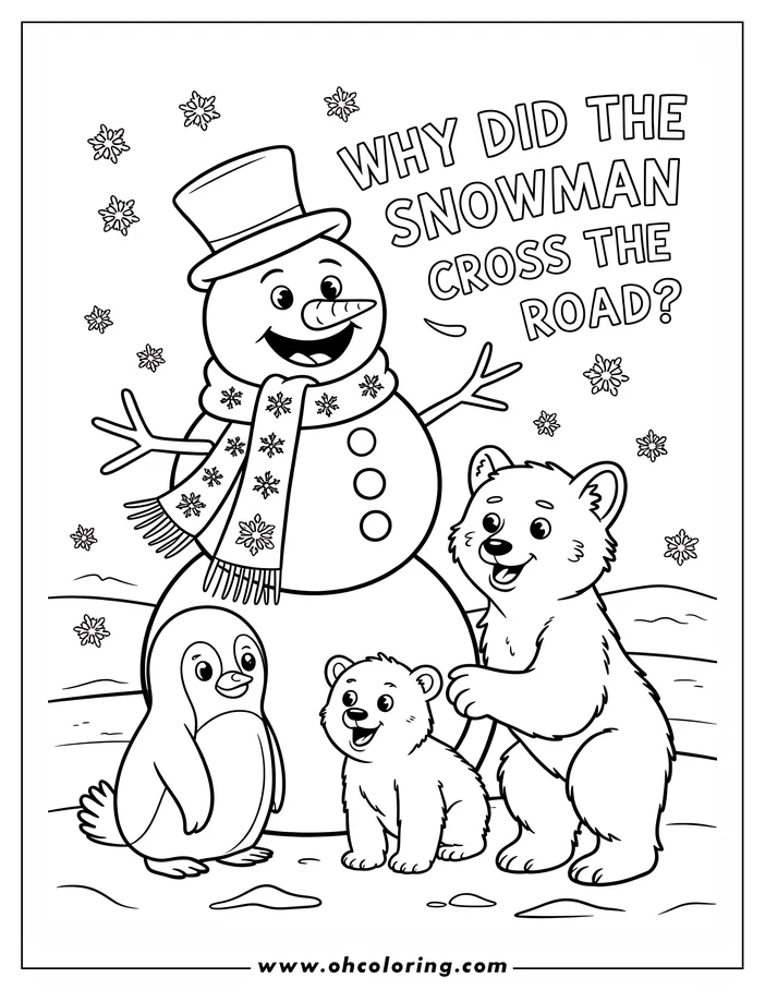 Line art of a snowman with a top hat and snowflake-patterned scarf standing with a penguin and two polar bear cubs in a snowy setting. Snowflakes fall around them, creating a winter scene ready for coloring.