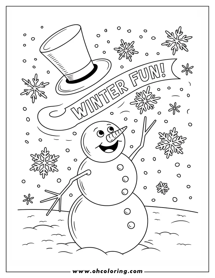 Line art of a snowman waving amidst falling snowflakes, with a "Winter Fun!" banner, designed as a coloring page.