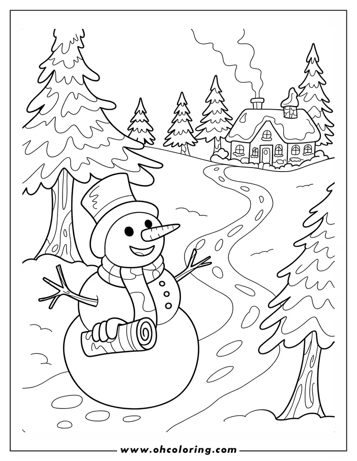 Line art of a snowman in a winter scene. The snowman wears a top hat and scarf, holds a rolled mat, and has a carrot nose. Pine trees surround the snowman, and a snow-covered house is in the background. This is a coloring sheet design.