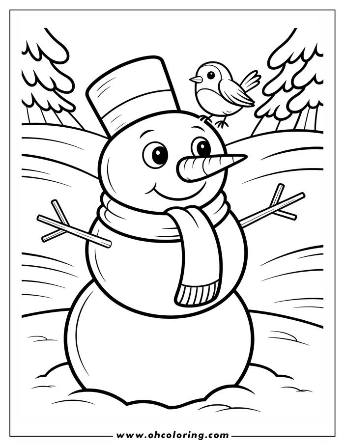 Line art of a snowman wearing a top hat and scarf, with a small bird resting on its head.  Simple design ideal for a coloring sheet.