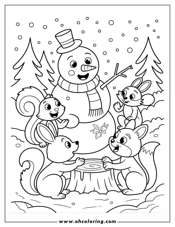 Line art of a snowman with a top hat and scarf in a snowy forest clearing. Two squirrels and a fox gather around a tree stump near the snowman, creating a festive winter scene suitable for a coloring page.