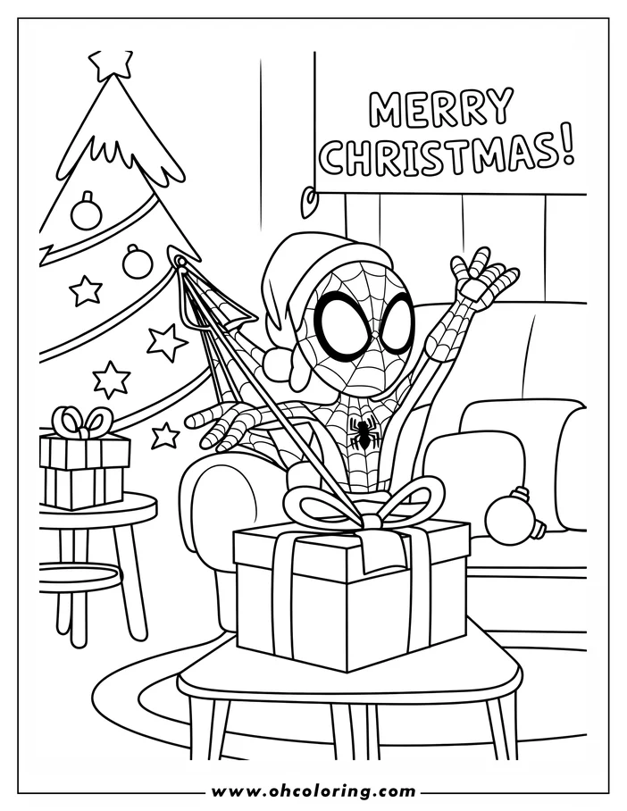 Line art of Spider-Man sitting by a Christmas tree and presents, waving and holding a gift, wearing a Santa hat