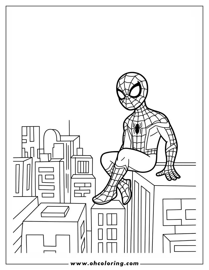 Line art depiction of Spider-Man sitting on the edge of a tall building, overlooking a city. He's wearing his distinctive suit and appears watchful over the urban landscape.