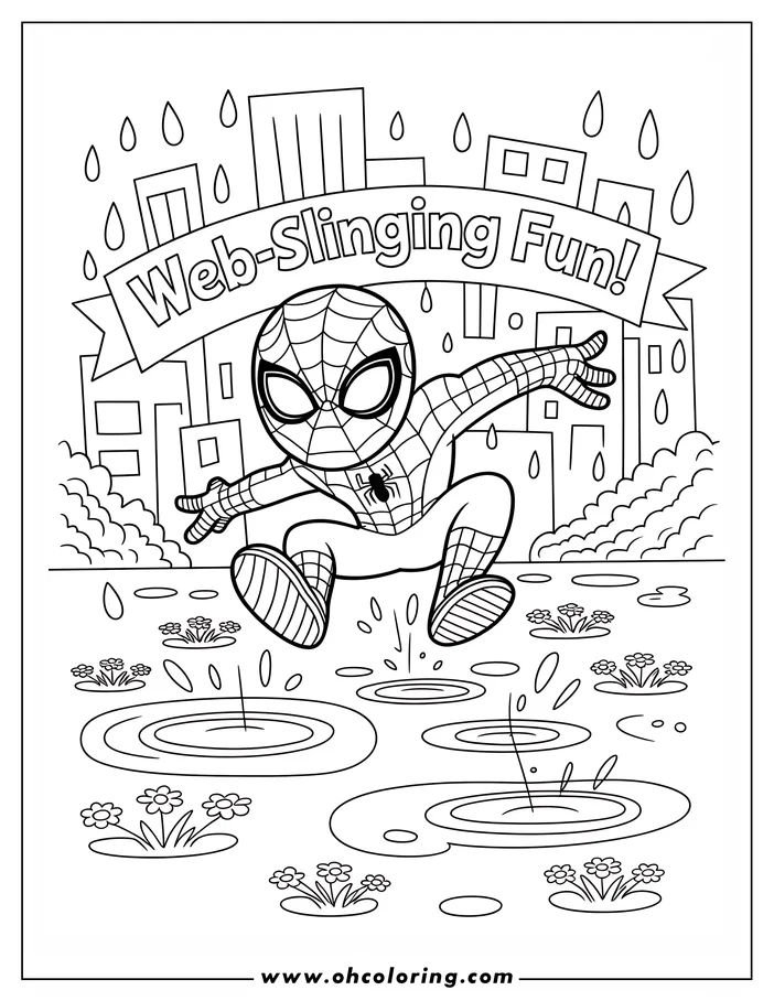 Line art of Spider-Man jumping in puddles with buildings and flowers in the background.