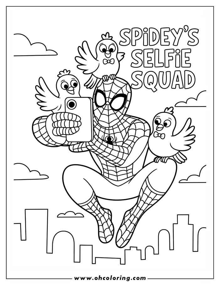 Spider-Man taking a selfie with three birds perched on him. They are above a city skyline with simplified buildings.