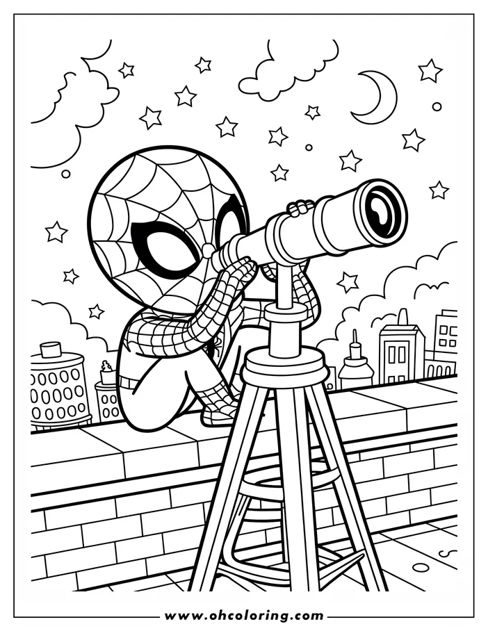 Spider-Man looking through a telescope on a rooftop at night. Buildings and stars are visible in the background.