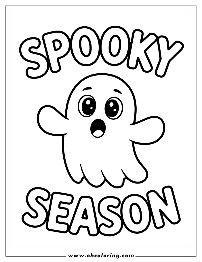 Simple, spooky line art of a surprised ghost. This coloring sheet design features the words "Spooky Season" above and below the ghost, creating a festive Halloween theme. Perfect for kids and adults who love to color.
