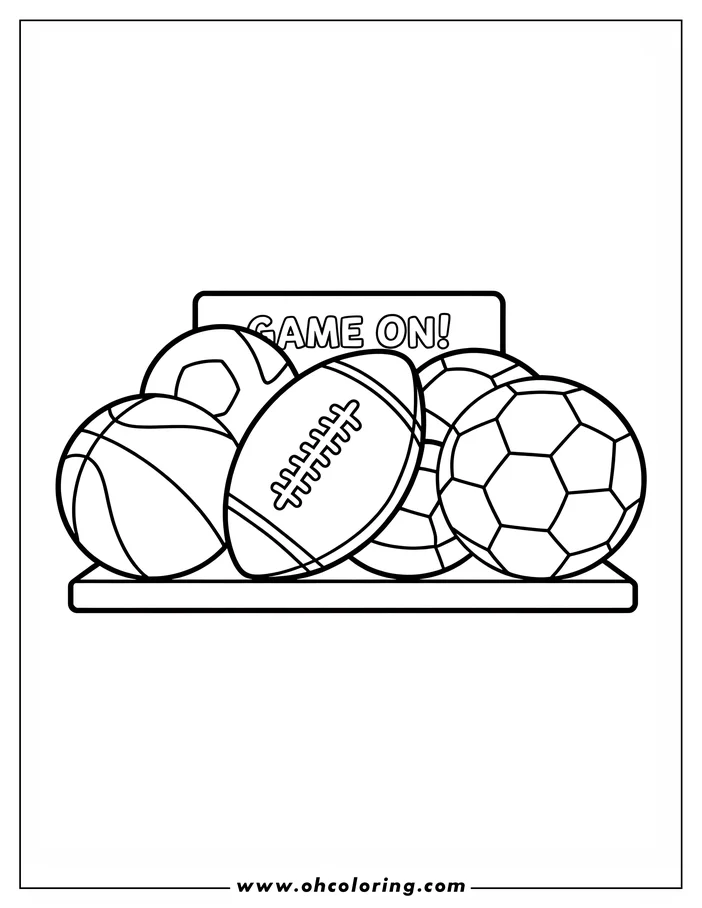 Line art of a basketball, soccer ball, football, and volleyball displayed on a table. The words GAME ON! are written above.