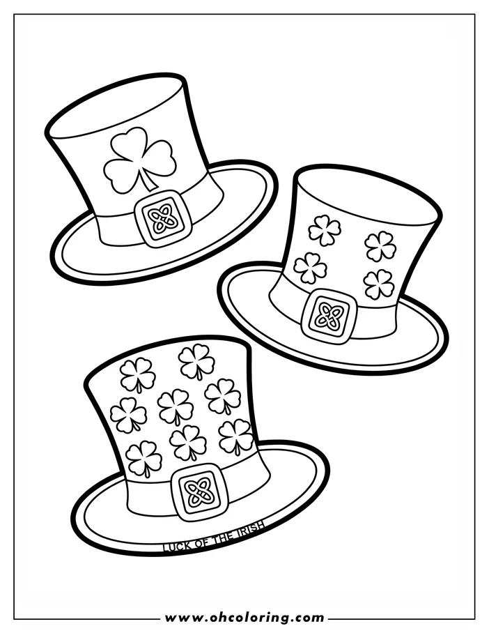 Line art of three St. Patrick's Day hats decorated with shamrocks and Celtic knot buckles, a fun coloring page design for St. Patrick's Day celebrations.