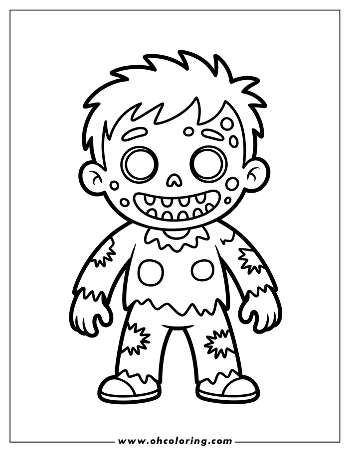 Line art of a standing zombie with a wide grin, tattered clothes, and patched knees. This simple drawing is a great coloring sheet design, perfect for Halloween activities.