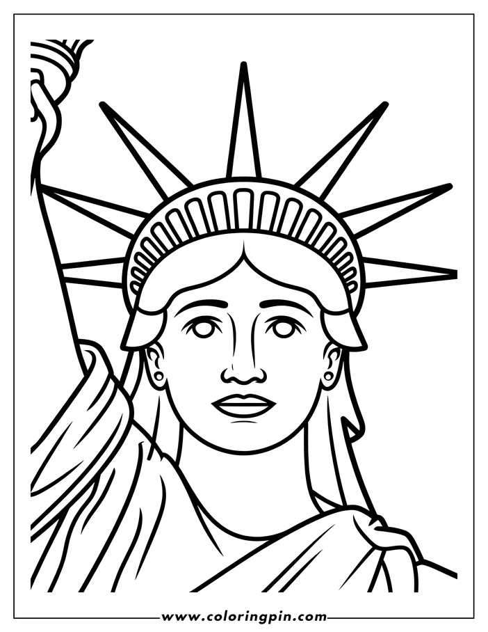 Line art of the Statue of Liberty, holding a torch and wearing her iconic crown.