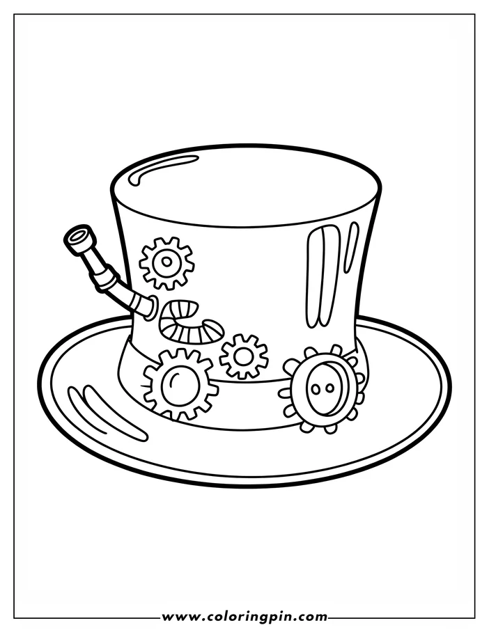 Line art of a steampunk top hat with gears and pipes