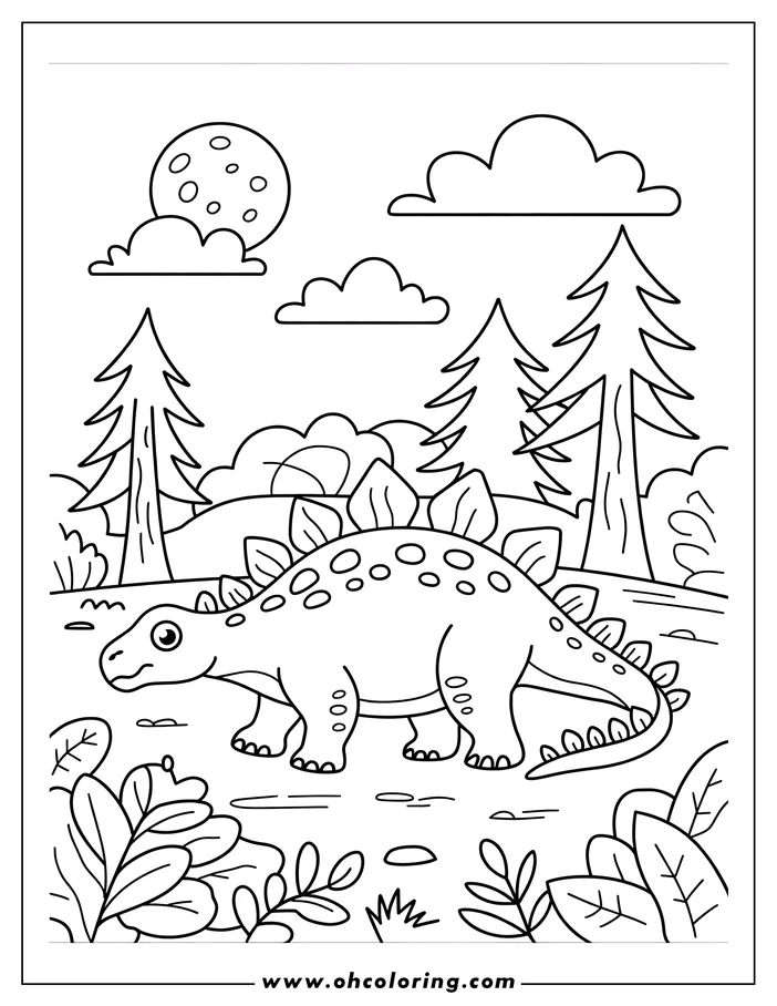Outline of a stegosaurus in a forest at night with a full moon.