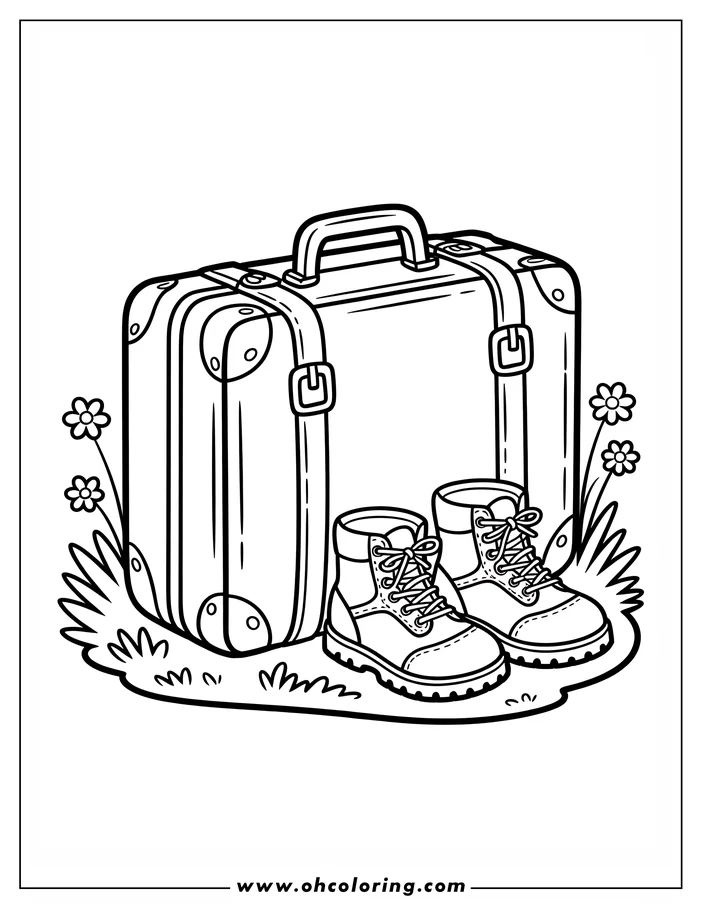 Line art of a suitcase and hiking boots on a patch of grass, surrounded by small flowers. This coloring sheet design is perfect for travel or adventure themes.