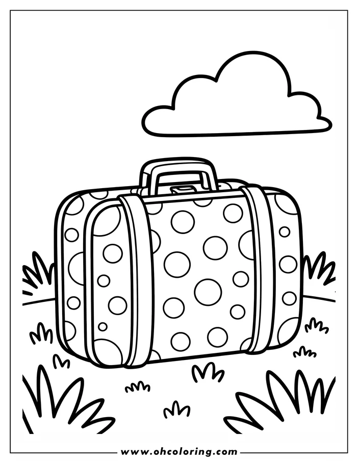 Line art of a suitcase with polka dots sitting on grass, with a cloud overhead. This is a simple drawing designed for a coloring page.