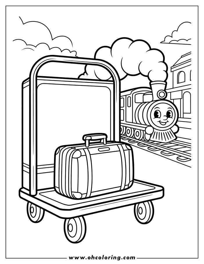 Line art of a suitcase sitting on a luggage cart, with a cartoon steam train in the background, designed as a coloring sheet.
