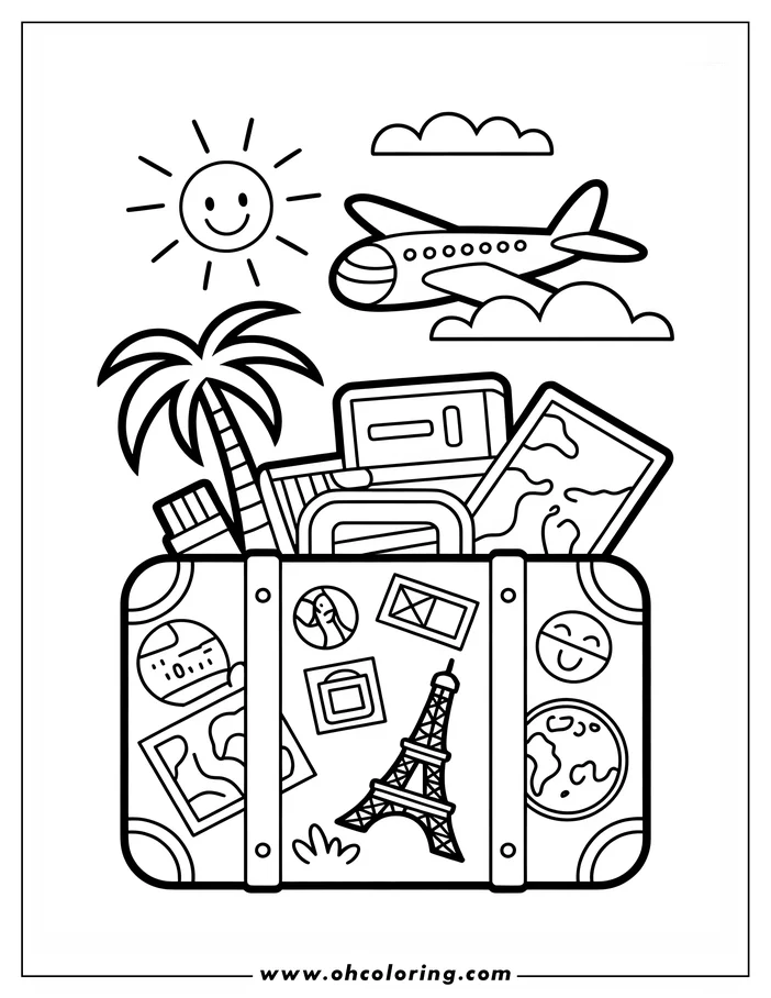 Line art of a suitcase packed for travel. The suitcase features stickers of the Eiffel Tower, a globe, and various travel-related images.  A palm tree, map, passport, and airplane are also depicted, suggesting an upcoming trip. This is a design for a coloring sheet.