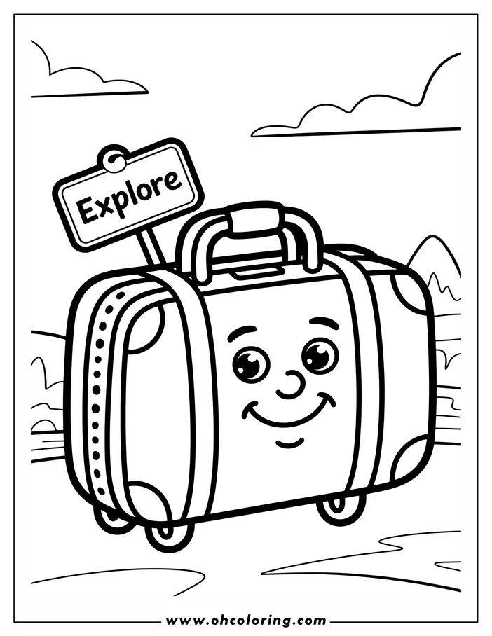A cheerful suitcase with wheels, dots, and stripes stands ready for a journey. An "Explore" sign sits above it, and a simple landscape with clouds and hills is in the background. This line art is designed as a coloring page.