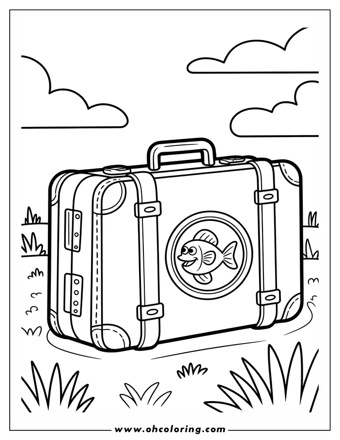 Line art of a closed suitcase with a fish sticker on the front. The suitcase is placed on grassy ground, with clouds in the sky. This simple drawing is a coloring sheet design.