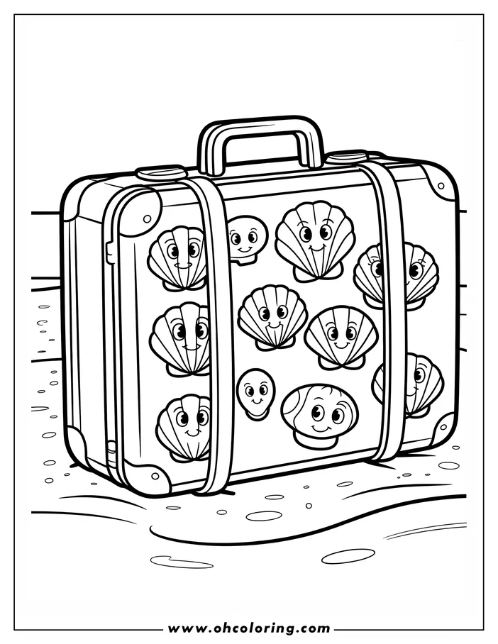 Line art of a closed suitcase covered with smiling cartoon seashells. The suitcase has a handle and a strap, and it sits on a textured surface that looks like sand. This coloring sheet design evokes a beach vacation theme.