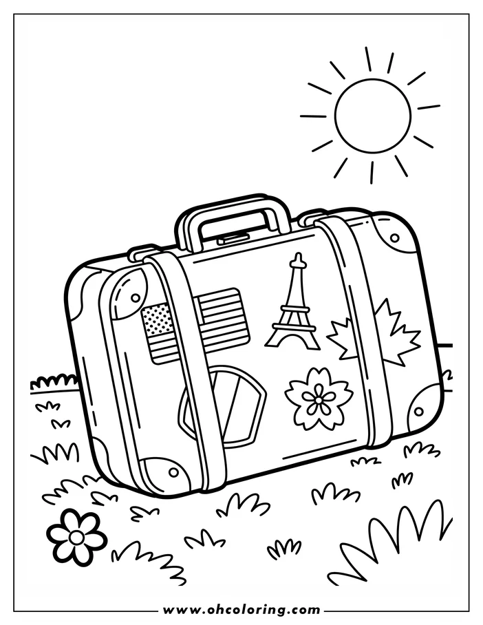 Line art of a suitcase with travel stickers, including an American flag, the Eiffel Tower, a Canadian maple leaf, and a cherry blossom.  The suitcase sits on the grass with a sun shining above, ready for coloring.