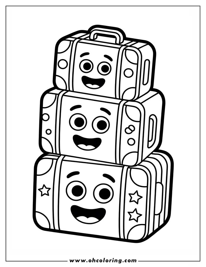 Line art of three suitcases stacked vertically.  Each suitcase features a simple, happy face, and the cases are decorated with circles and stars. This is a drawing for a coloring sheet.