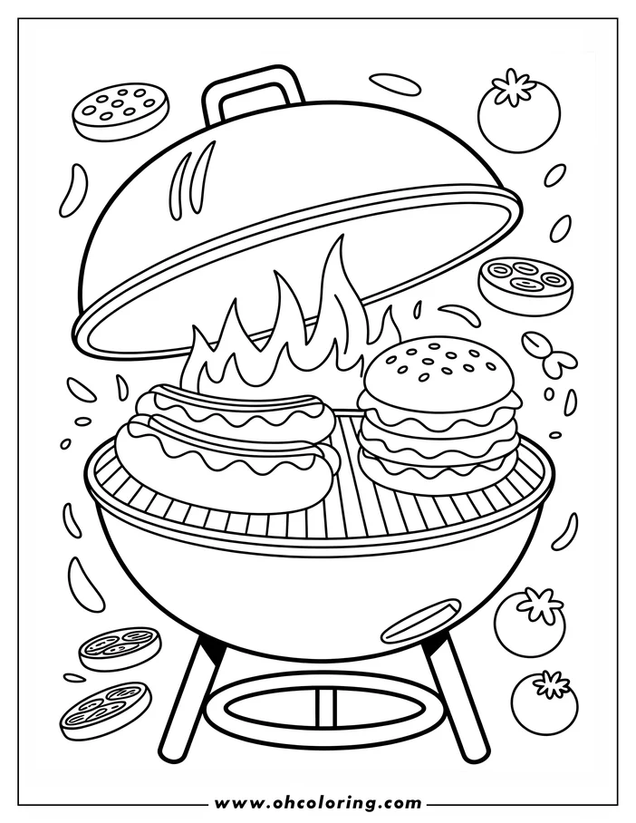 Line art of hotdogs and hamburgers cooking on a barbecue grill, with flames and tomato slices, perfect for a summer coloring activity.