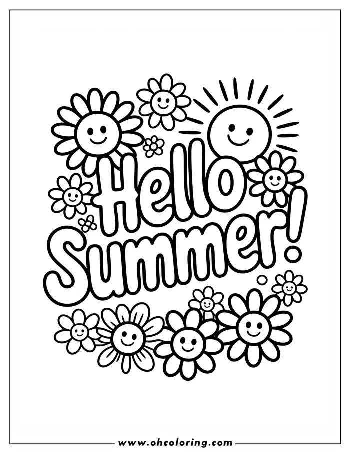 Line art of a "Hello Summer!" greeting surrounded by smiling flowers and a sun.