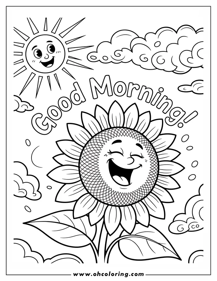 Outline of a cheerful sunflower with the words "Good Morning!" A smiling sun and clouds appear above the flower.