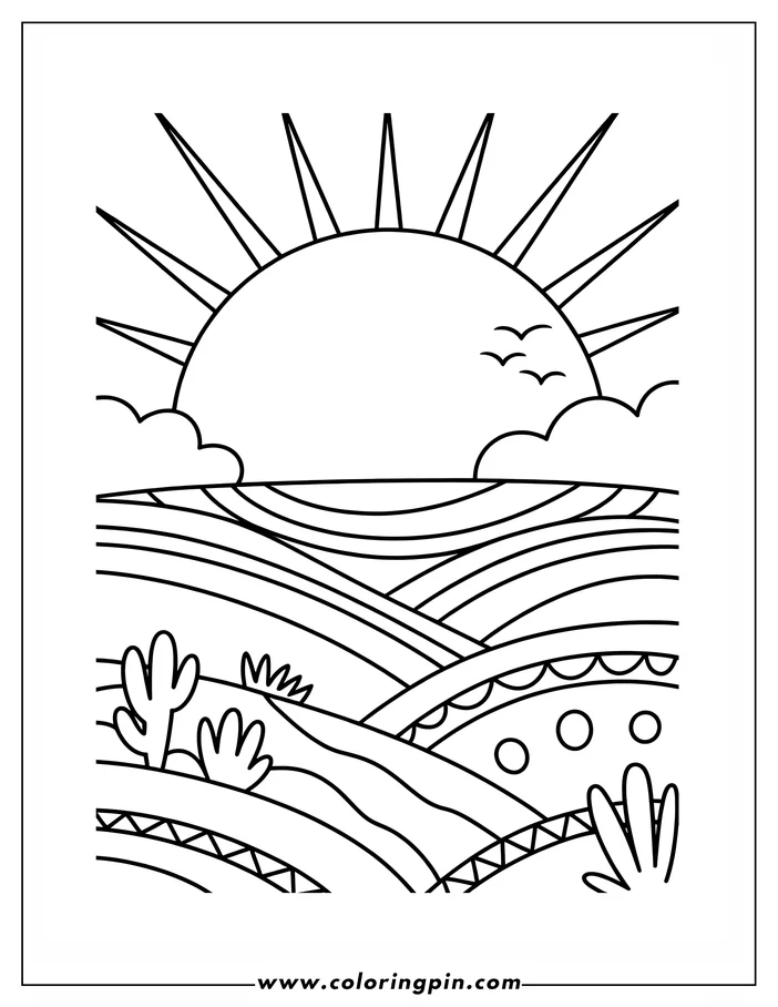 Outline of a sunrise over patterned rolling hills with small plants in the foreground and birds flying near the sun.