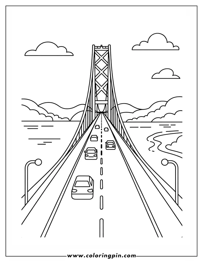 Line art of a suspension bridge with cars driving across it. The bridge has tall towers and crisscrossing cables. There are also streetlights along the sides of the bridge.