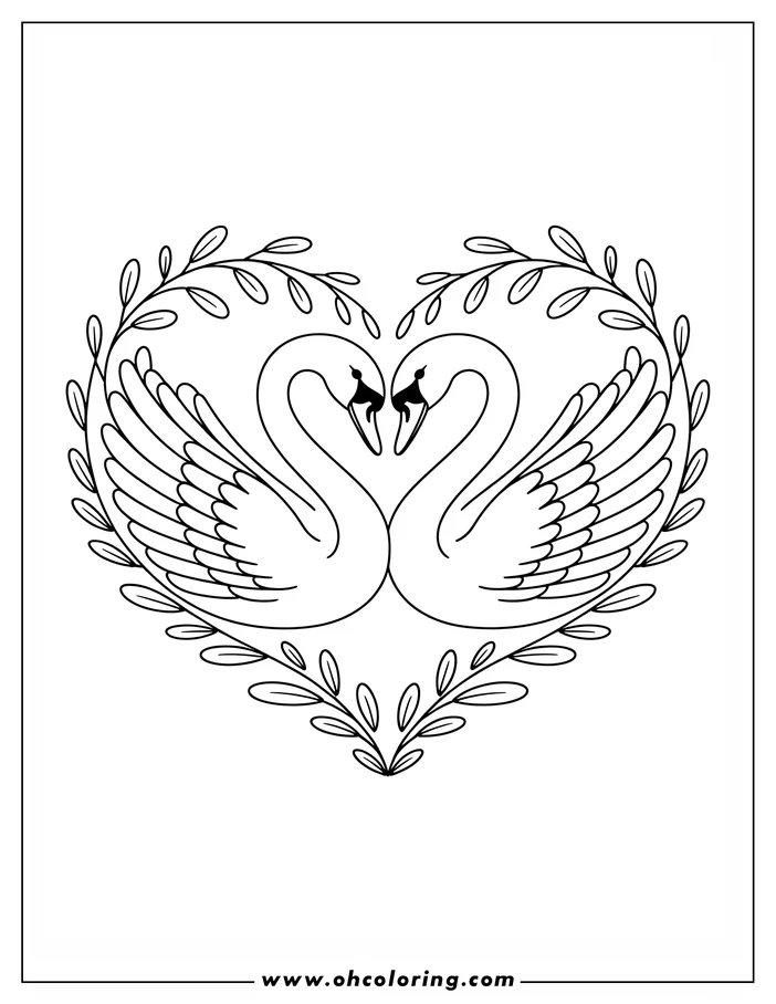 Line art depicting two swans facing each other, their necks forming the top of a heart shape composed of leaves. Their wings are elegantly outstretched, creating a symmetrical design perfect for a coloring page.