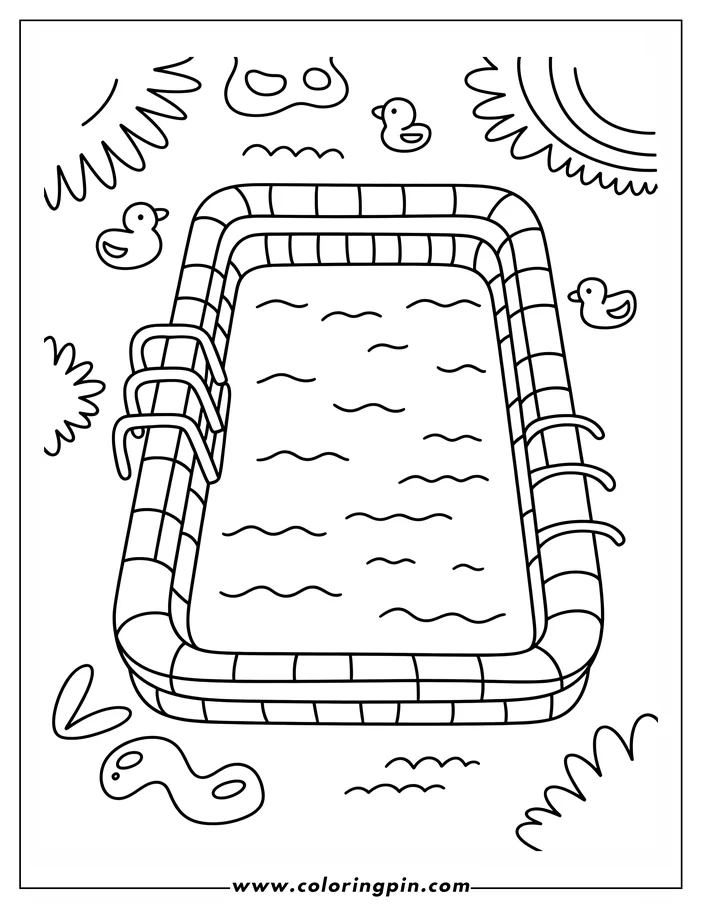 Line art of a swimming pool with rubber duckies floating around it